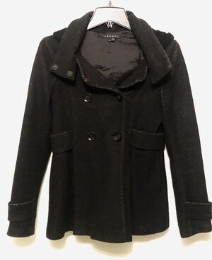 Theory Double Breasted Peacoat Black Coat Jacket Hooded Belt S Small